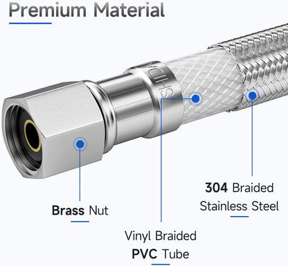 JUWO 6 FT Refrigerator Water Line, 1/4 Inch Compression Stainless Steel Hose Connector for Small Residences
