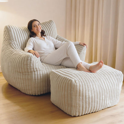 LuxMoment Giant Bean Bag Chair with Ottoman, Oversized Plush Comfy Bean Bag Sofa for Adults and Kids, Memory Foam Mini Couch Single Lounges for Living Room, Bedroom & Game Room(Beige)
