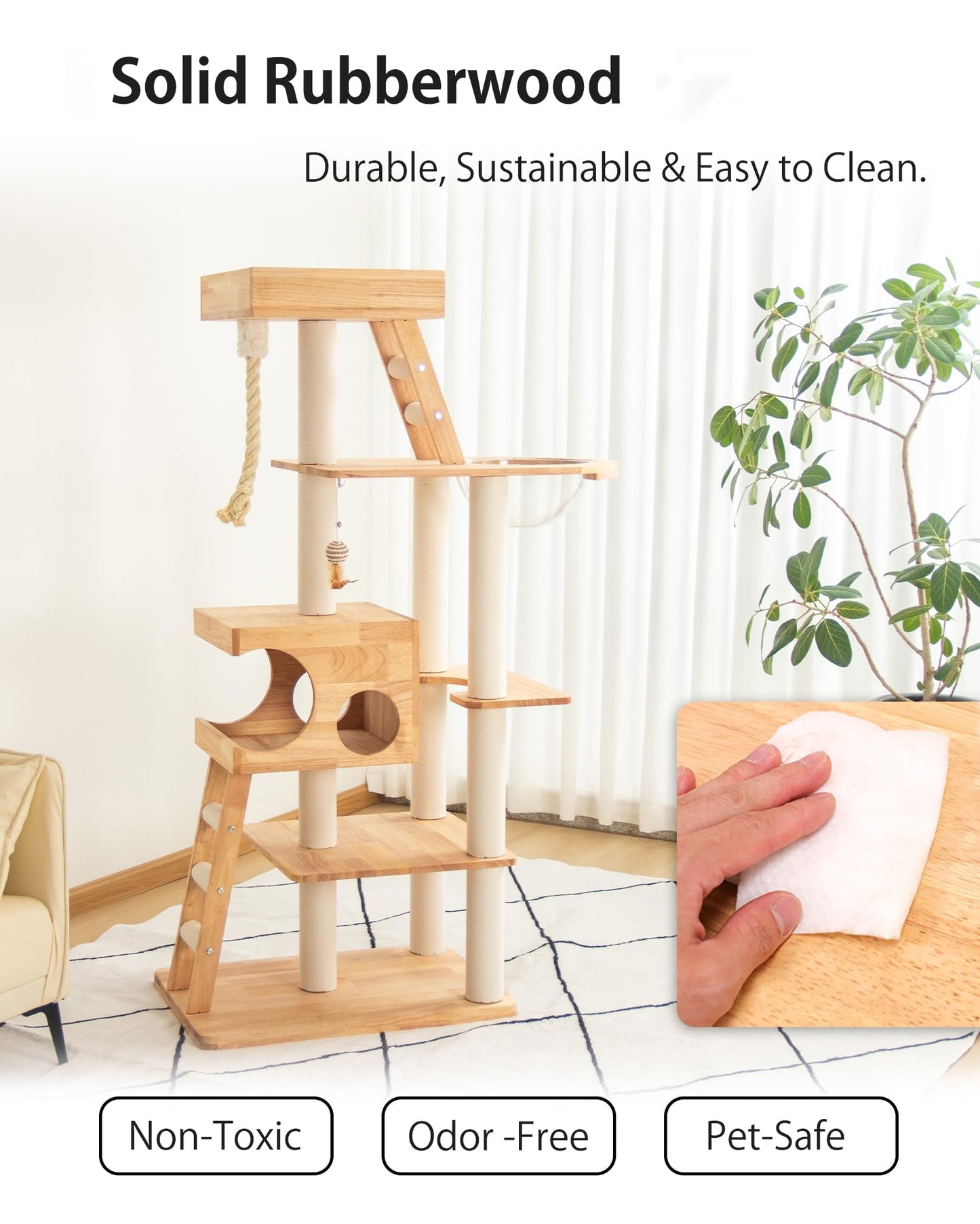 PETTIFUL Wood Cat Tree for Large Cats, 62-Inch Tall Modern Cat Tower with Condo & Scratching Posts - Easy to Clean, Heavy-Duty, Furniture-Grade Design for Stable Climbing, Eco-Friendly (White 62'')