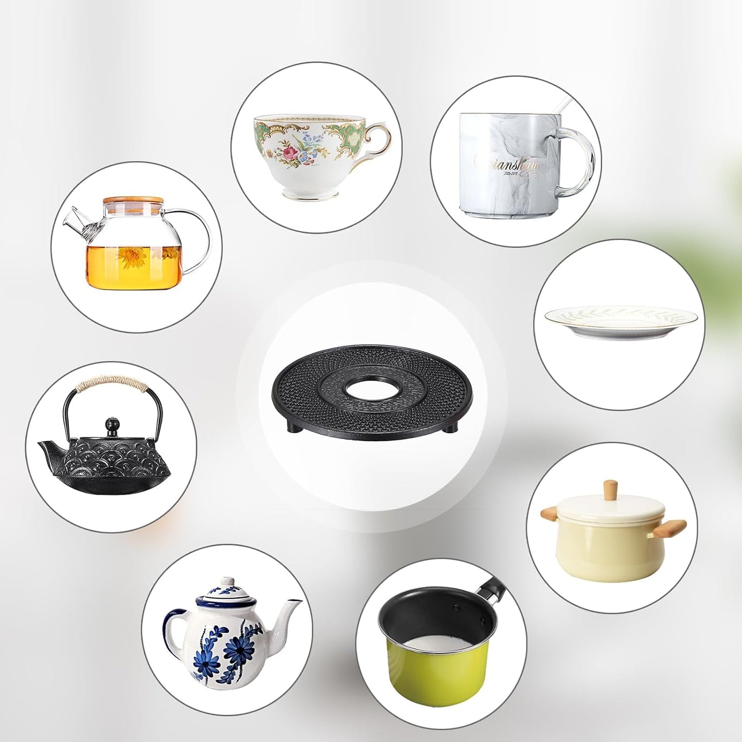 Sumnacon 2 Pcs Cast Iron Tea Pot Trivet with Rubber Covers, Vintage Kettle Trivet for Kitchen Dining Office Countertop