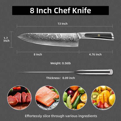 Sunnecko 8 Inch Japanese Damascus Chef Knife - Ultra Sharp 10-12 Degree Edge VG10 67 Layers Kitchen Cooking Knives for Meat, Vegetable & Fruit, Full Tang Forged Blade, Premium Father Day Gift Box