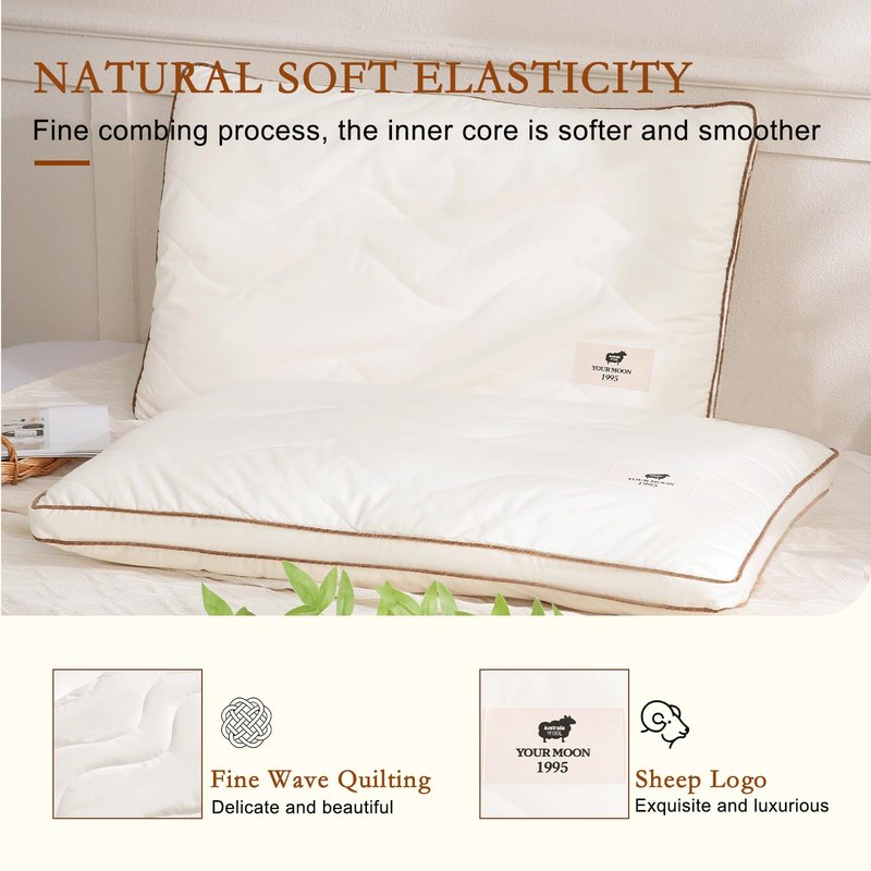 YOUR MOON Soft Natural Wool Pillow Queen, Flat & Thin Wool Pillow for Sleeping, Low-Loft Bed Pillows for Back and Stomach Sleepers, Breathable Soft Cotton Cover(Off White)