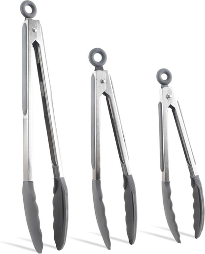COOK WITH COLOR Stainless Steel Silicone Tipped Kitchen & BBQ Tongs Set, 3 Piece Tongs in Black