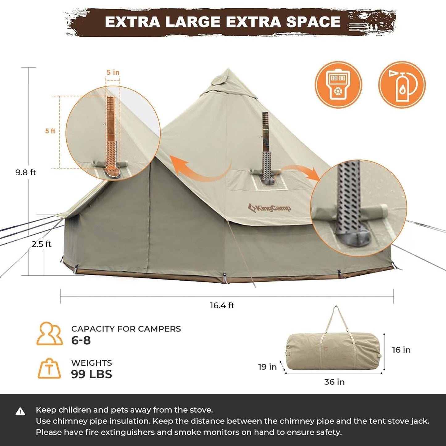 KingCamp Glamping Tent for 4 Seasons, 13.2ft/16.4ft Large Waterproof & Windproof Luxury Bell Yurt Tent w/Stove Jack, Spacious for Family Camping Hunting Parties
