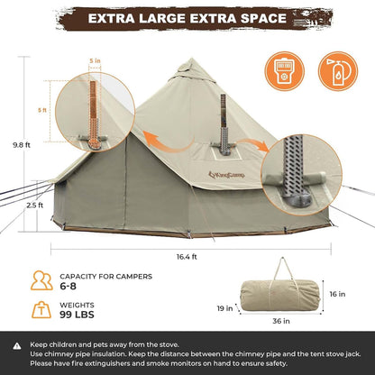 KingCamp Glamping Tent for 4 Seasons, 13.2ft/16.4ft Large Waterproof & Windproof Luxury Bell Yurt Tent w/Stove Jack, Spacious for Family Camping Hunting Parties