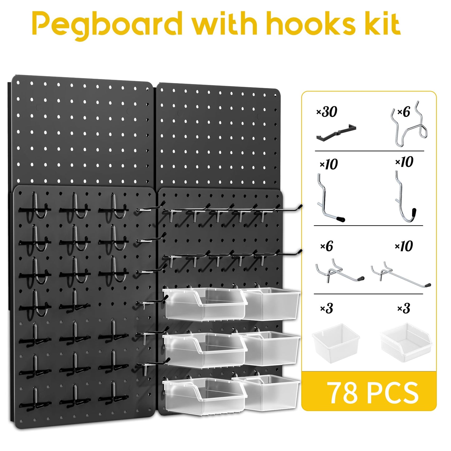 PHX Grove Peg Board for Tools, 4 Pack Metal Pegboard Wall Organizer with Hooks, 14.76"×10.82" Black Pegboard Panels for Walls Home, Garage Tool Storage, Kitchen, Office Organization, Craft Room