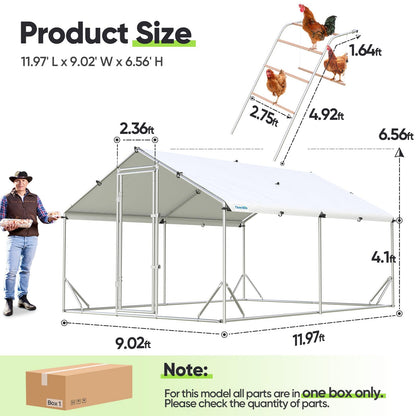 Quictent Large Metal Chicken Coop Run for 20+ Poultry with Metallic Perch, Side Hardware Cloth & Cover, Advanced Series Outdoor Walk-in Cage Hen Duck Rabbit Dog Pen Yard Farm House, 12x9x6.6FT