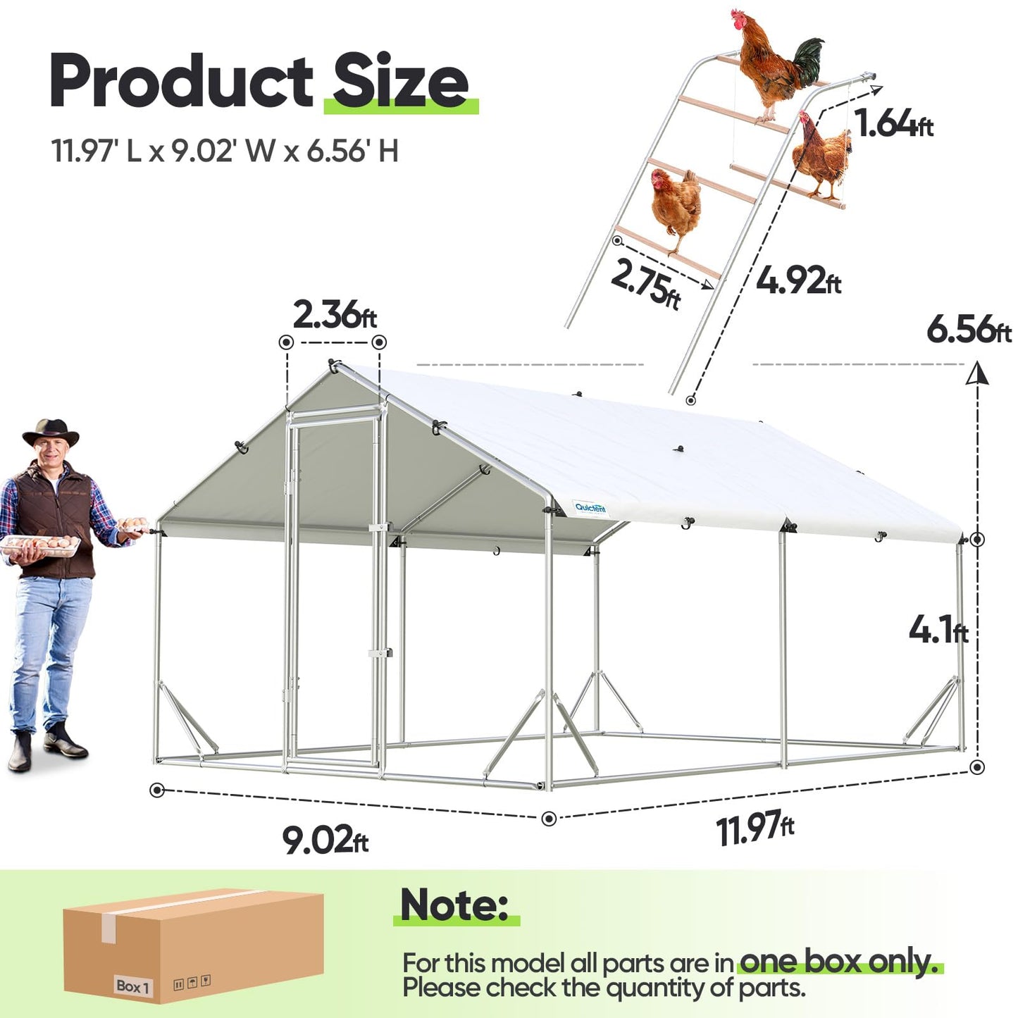 Quictent Advanced Series 12x9 ft Metal Chicken Coop Run with Climbing Ladder, Large Walk-in Outdoor Poultry Cage Heavy Duty Predator Proof Hen Duck Rabbit Farm Pen House, Waterproof Anti-UV Cover