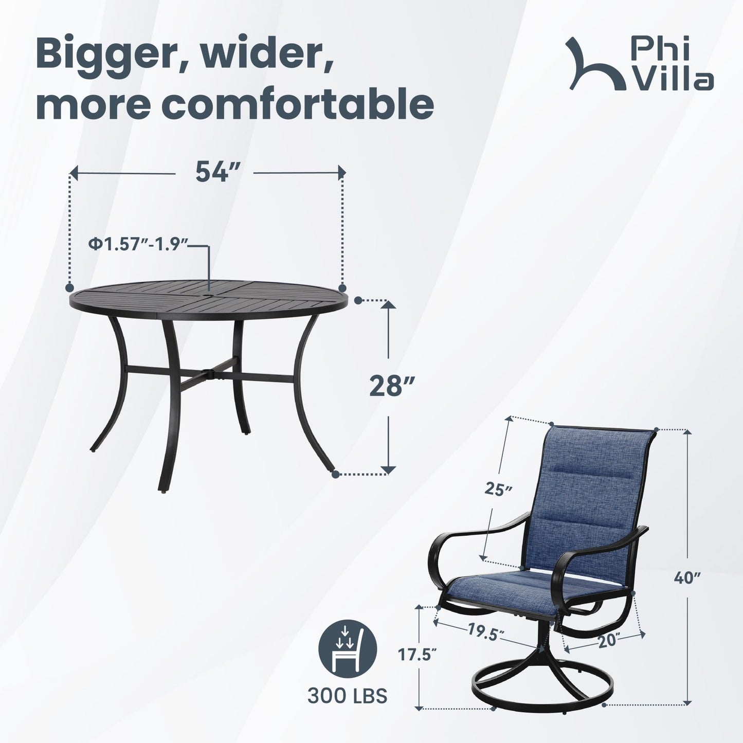 PHI VILLA 7 Piece Outdoor Patio Dining Set with 6 Padded Swivel Dining Chairs & 1 Large Round Dining Table, All Weather Dining Furniture Set for Lawn Garden (Blue)