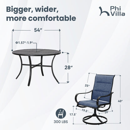 PHI VILLA 7 Piece Outdoor Patio Dining Set with 6 Padded Swivel Dining Chairs & 1 Large Round Dining Table, All Weather Dining Furniture Set for Lawn Garden (Blue)