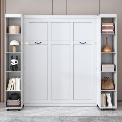 Ball & Cast Murphy Bed Queen Size,Wood Hidden Wall Bed with 2 Sides Push-Pull Foldable Storage Cabinets, Multifunctional Cabinet Bed Frame for Bedroom,Guest Room,Space Saving,White