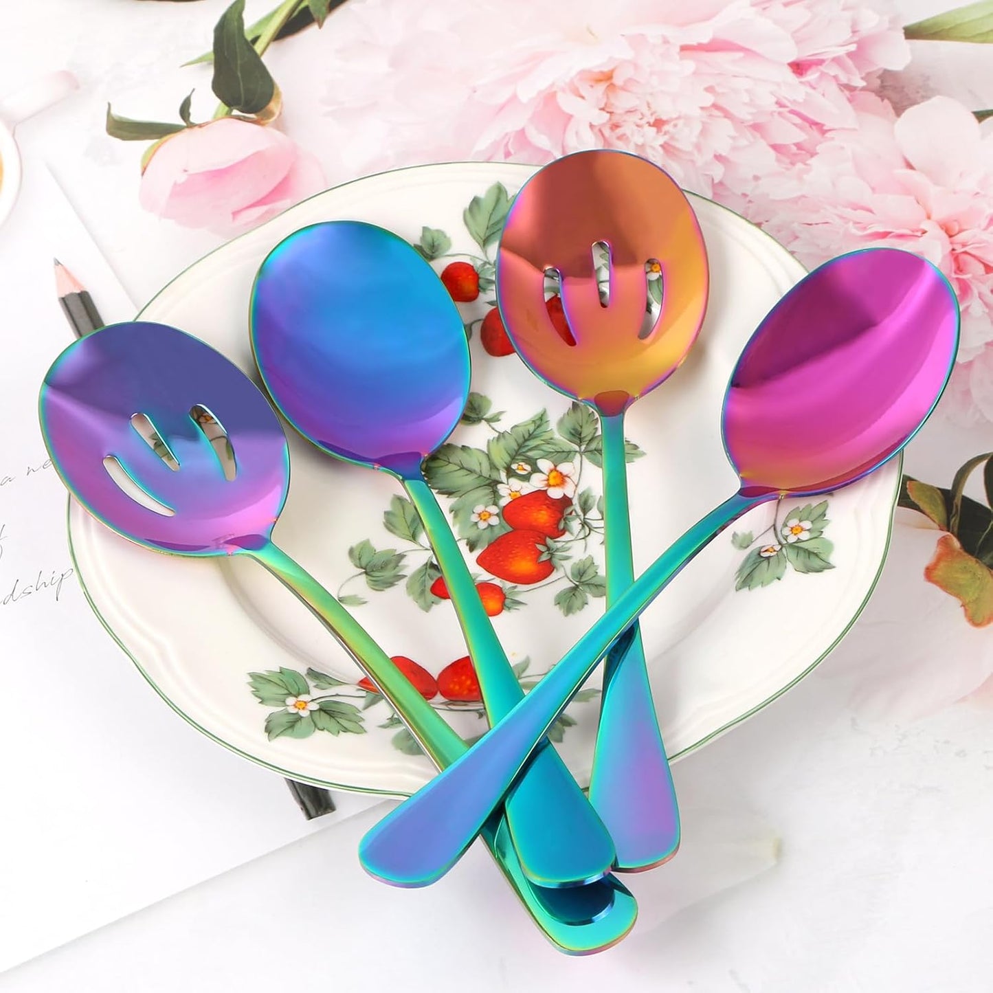 4 Pieces Colorful Serving Spoons Set, 2 Large Serving Spoons and 2 Slotted Spoons, Rainbow Stainless Steel Utensils