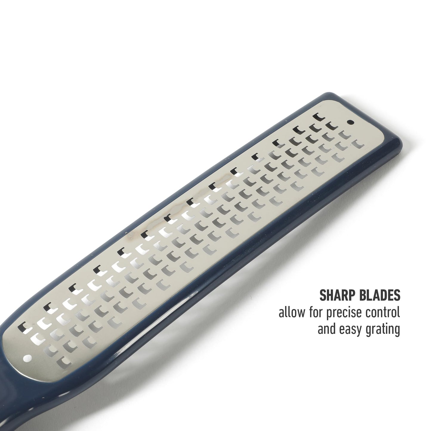 Calphalon Prime Stainless Steel Handheld Grater Lemon Zester W/Cover & Rubber Handle - Navy Blue