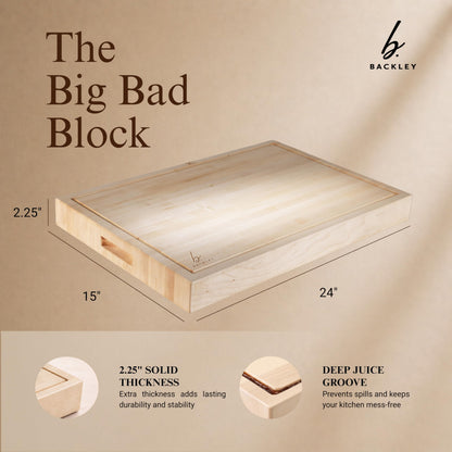 Backley Cutting Board For Kitchen - Extra Thick Wooden Chopping Board, Reversible Carving Board - Big Bad Block Maple - 15"x24"x2.25"