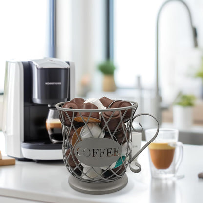 Coffee Pods Storage Basket - Silver Holder for 35 K Cup Organizer, Coffee Basket Decor for Coffee Bar Countertop