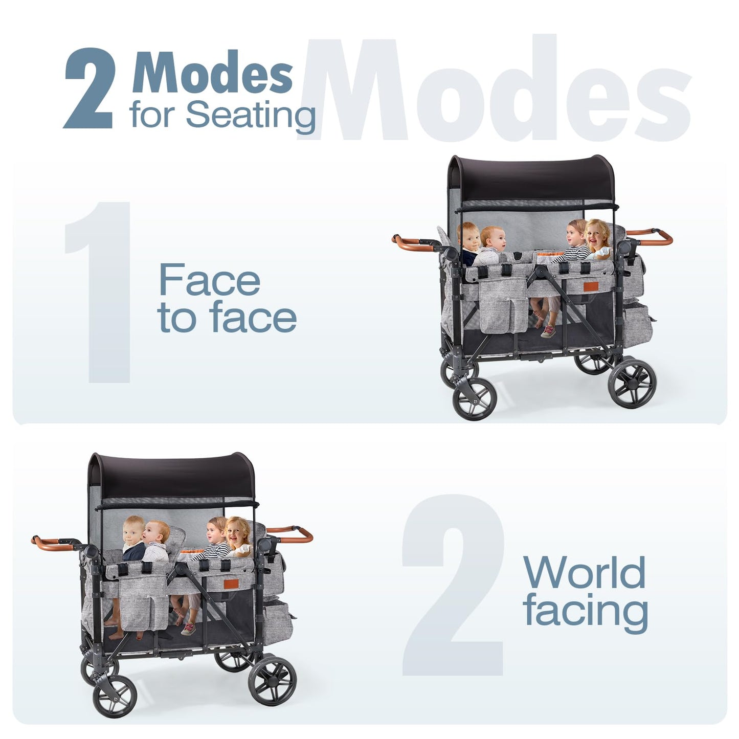 ZTDM Wagon Stroller for 4 Kids, All-Terrain Wagon for Toddler with Canopy, Parent Organizer, Shoulder Bag, Adjustable Handlebar, Phone Holder, High Seat & 5 Point Harness, Ultimate Quad (Gray)