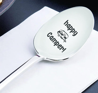 THE BASH AFFAIR Happy Camper Engraved Spoon Gift for Friend, 7 Inch Stainless Steel for Camping