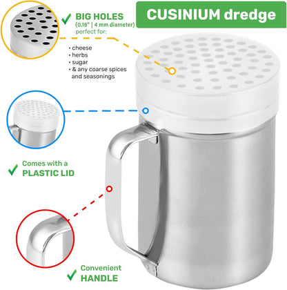 14oz Pack 4 CUSINIUM Metal Parmesan Cheese Shakers with Large Holes - With Handle - Chili Flakes Dispensers - Pizza