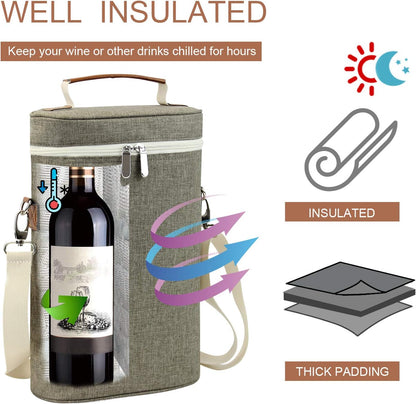 ZORMY 2 Bottle Insulated Wine Carrier Bag for Travel, Cooler Tote with Shoulder Strap & Corkscrew Opener