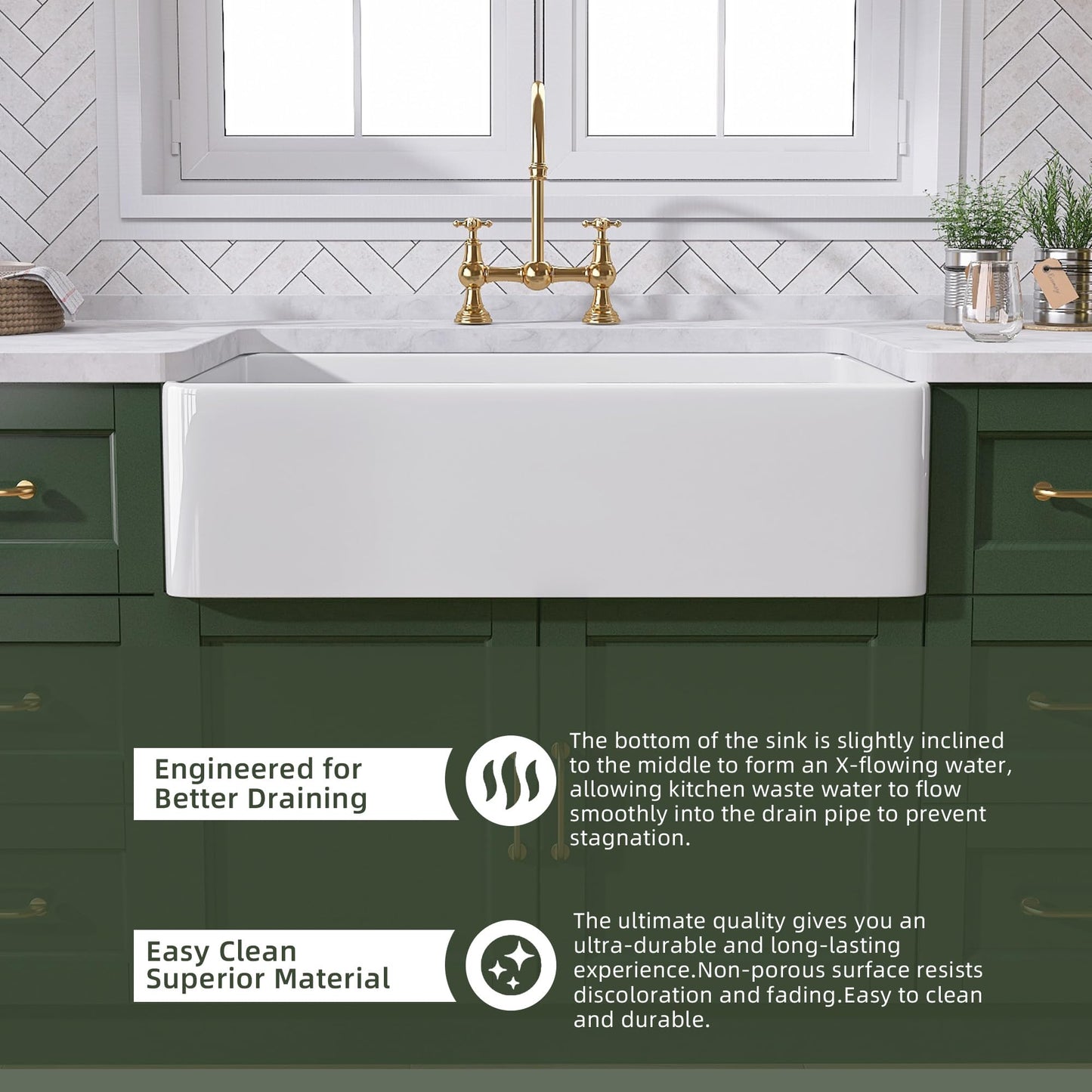 TUKTUK White Farmhouse Sink 33 inch Fireclay Apron Front Farm House Kitchen Sink Single Bowl Deep Drop In Undermount Reversible Heavy Duty Easy to Clean Porcelain Kitchen Basin Modern Luxury Accessory
