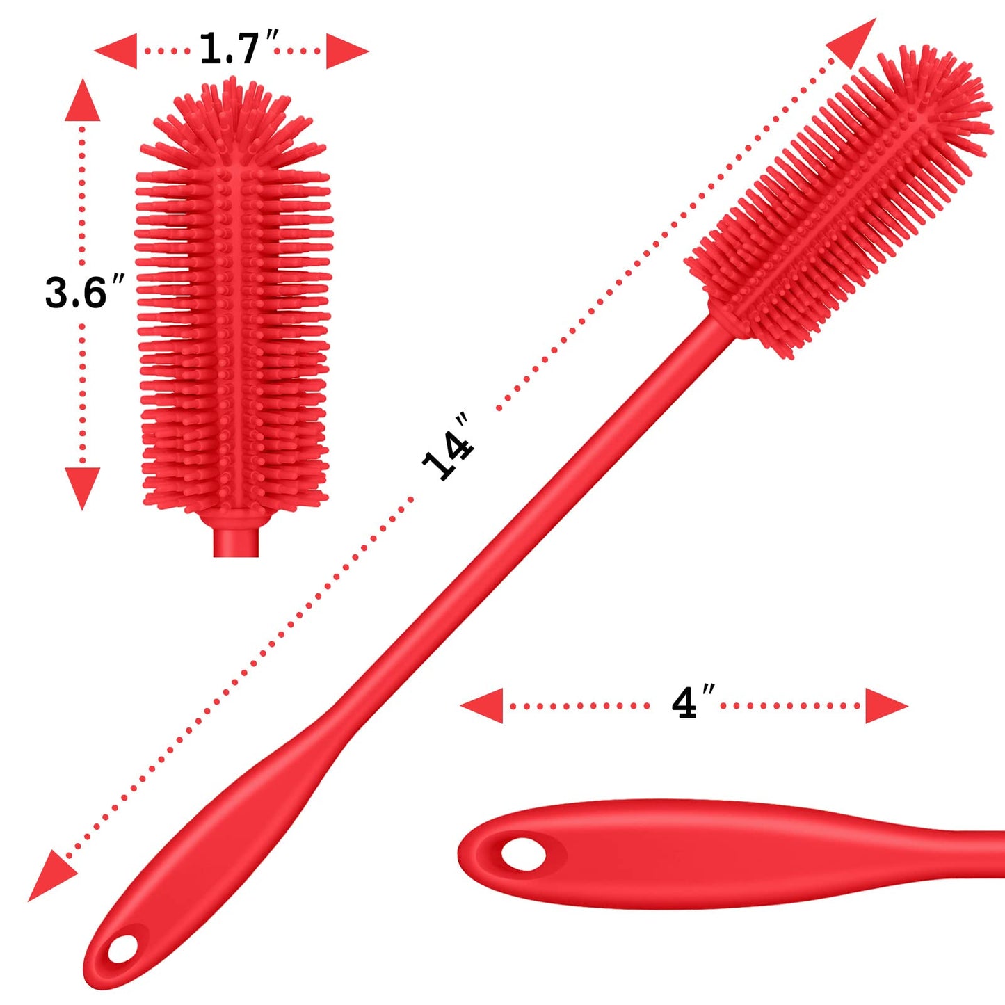 Purtribe Silicone Bottle Brush, Water Bottle Cleaner Brush with Long Handle, Perfect for Cleaning Narrow Neck Containers, Vacuum Sports Bottle, Tumblers, Flask, Glassware (1 Pack, Red)