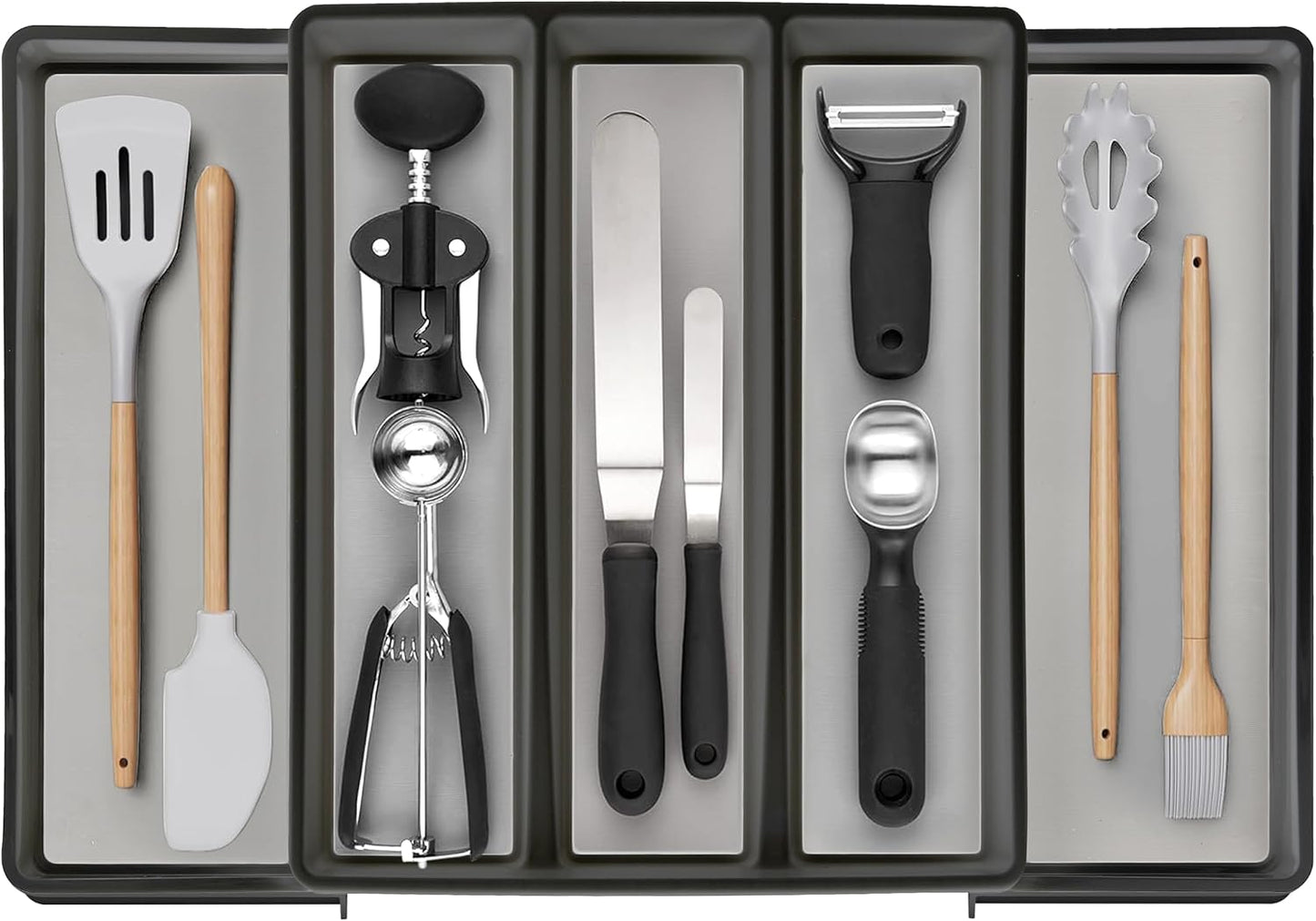 ELTOW Expandable Utensil Drawer Organizer, 5 Compartment Non-Slip & Adjustable Large Tray for Kitchen Drawers, Black