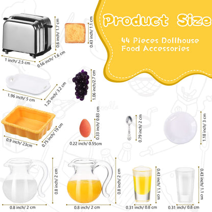 44 Pieces 1: 12 Dollhouse Miniature Breakfast Kitchen Accessories Mini Toast Machine Bread Juice Milk Eggs Cups Fruits Plates Knife Fork Spoons for Dollhouse Kitchen Scene and Cake Topper Decor