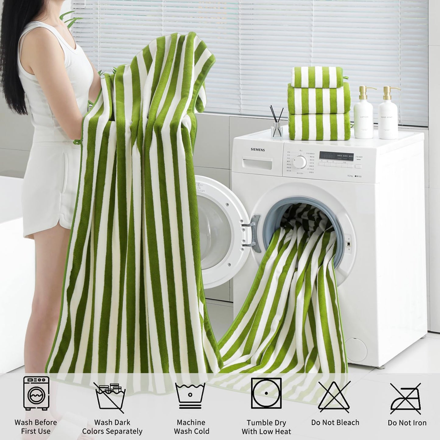 18 Set Loop-6 Towels,6 Towels,6 Set Pcs Green Stripe Bath Towel with Hanging Bath Hand Washcloths Soft Family Towels