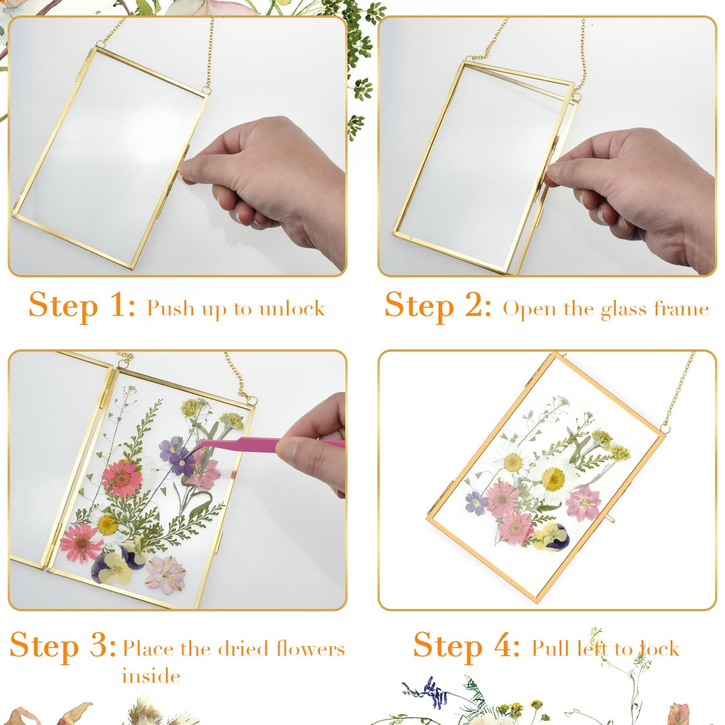 Pressed Flower Frames with Hanger & Tweezer & Dried Flowers, 4 x 6 Inch Wall Double Glass Floating Hanging Picture Photo Frame with Chain for Wall Decor and Display, Hanging Picture or Artwork (Gold)