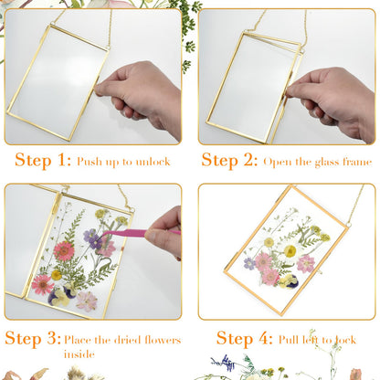 Pressed Flower Frames with Hanger & Tweezer & Dried Flowers, 4 x 6 Inch Wall Double Glass Floating Hanging Picture Photo Frame with Chain for Wall Decor and Display, Hanging Picture or Artwork (Gold)