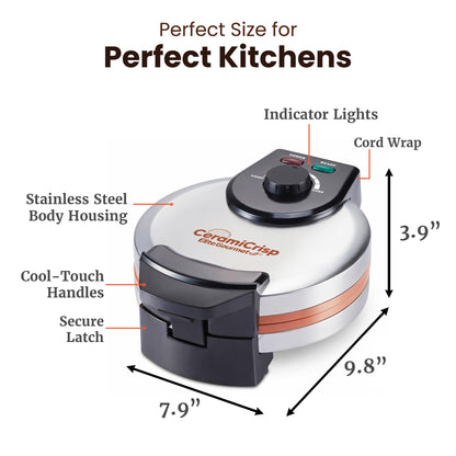 Elite Gourmet Belgian Waffle Maker with PFAS-Free CeramiCrisp™ Ceramic Nonstick Plates, Adjustable Browning Control, 1100W Heating, Power & Ready Indicator Lights, Vertical Storage, Stainless Steel