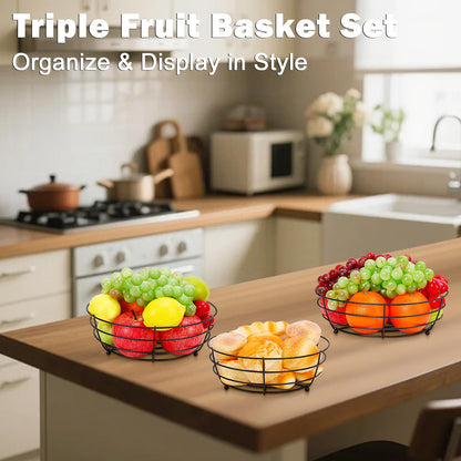 Livabber Wire Fruit Bowl, Metal Fruit Basket For Kitchen Counter, Large Capacity Storage Holder Tabletop Organizer For Vegetables Breads Snacks (Black, 3 Pack)