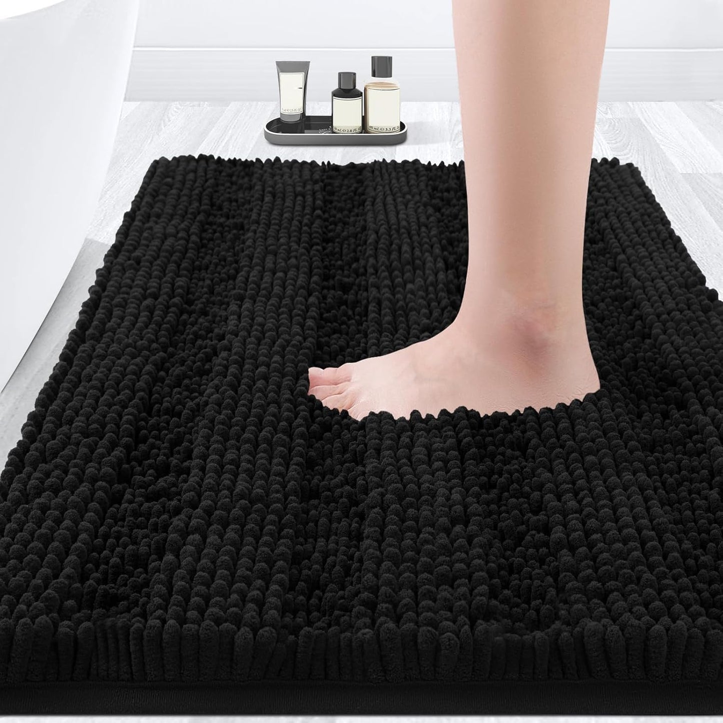 ACCUMTEK Striped Black Bathroom Rug Mat, 32"x20" Ultra Soft Non Slip Chenille Bath Rug for Bathroom, Bedroom, and