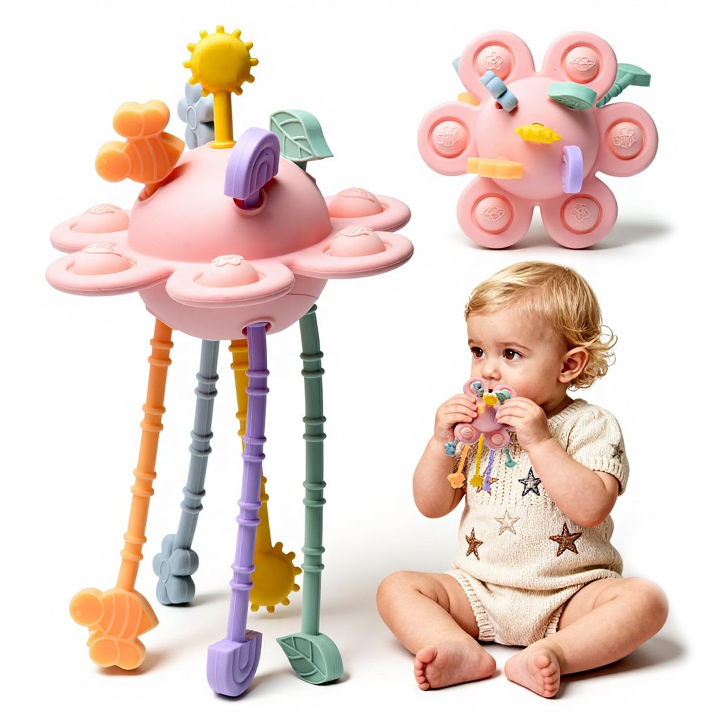 Little Rawr Silicone Baby Sensory Montessori Toys & Pull String Toys for 18 M+, Toddler Birthday Gift Car Seat Airplane Travel Toy for 1 2 Year Old Boy Girl Infant 18 Months Old (Pink)