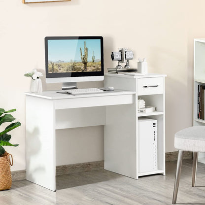 COSTWAY Computer Desk, 40 inch Laptop PC Gaming Table with Drawer, Monitor Stand & Storage Shelf, Modern Simple Study Writing Table for Home & Office, Easy Assembly, White