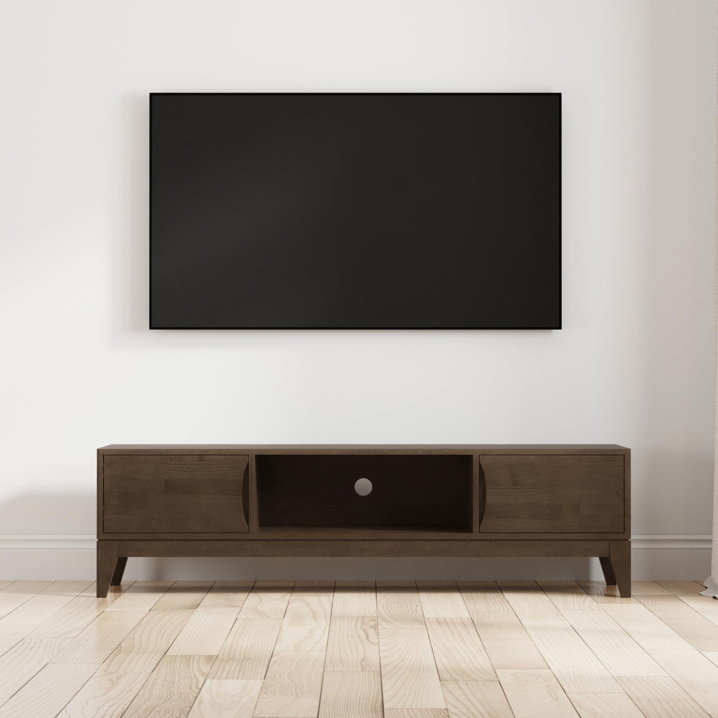 SIMPLIHOME Harper TV Stand - 72 inch Wide Solid Wood Low Media Console in Walnut Brown, Mid Century Modern Entertainment Center for Living Room for TVs up to 80 Inches with Shelf and Cord Management