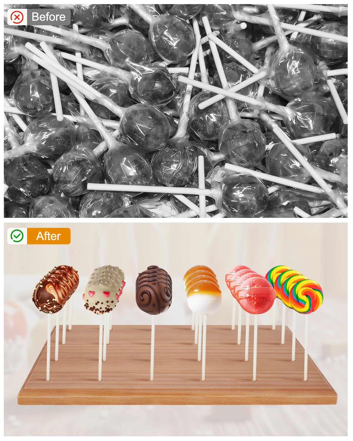 Wooden Cake Pop Stand for Drying, 24 Holes Cake Pop Display Stand with Sticks and Treat Bags, Wood Lollipop Holder for Party Anniversaries Holiday (Walnut, Stand+Sticks+Bags)