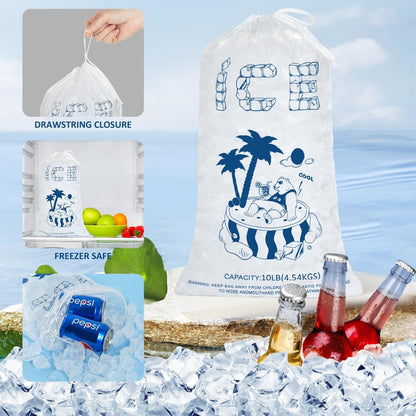 Ice Bags 10 Lb. with Drawstring, 50 Pack Heavy-Duty Reusable Ice Cube Bags, 21 x 12 inch Portable Storage