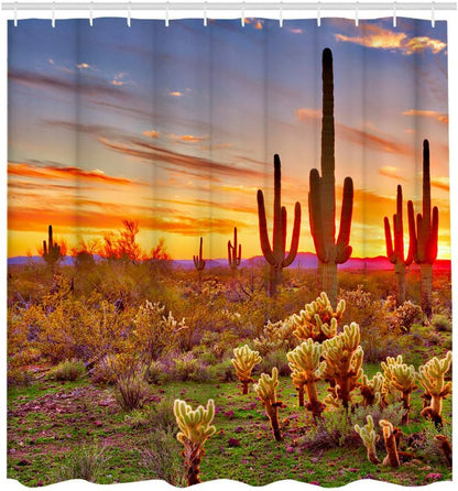LUKUY Saguaro Shower Curtain, Arizona Desert Landscape with Cactus Mountain Sunset, Cloth Fabric Bathroom Decor Set