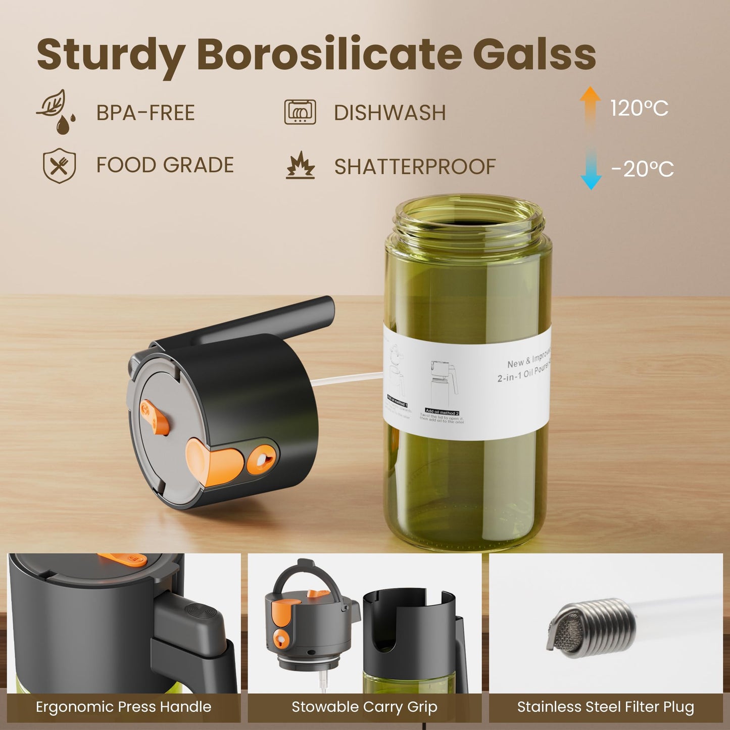 LAKUMIQI 2 in 1 Oil Sprayer for Cooking, 17oz Light-Blocking Glass Spray Bottle with Stickers, Oil Dispenser for Salad, Air Fryer & BBQ
