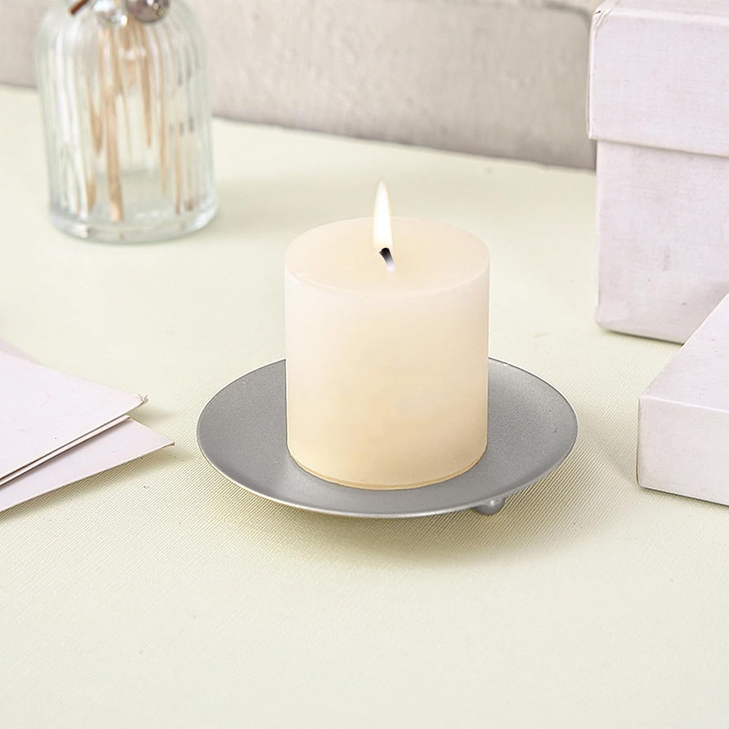 Set of 3 Decorative Iron Plate Candle Holders, 4.33x0.78inch for LED & Wax Candles, Spa & Wedding Decor