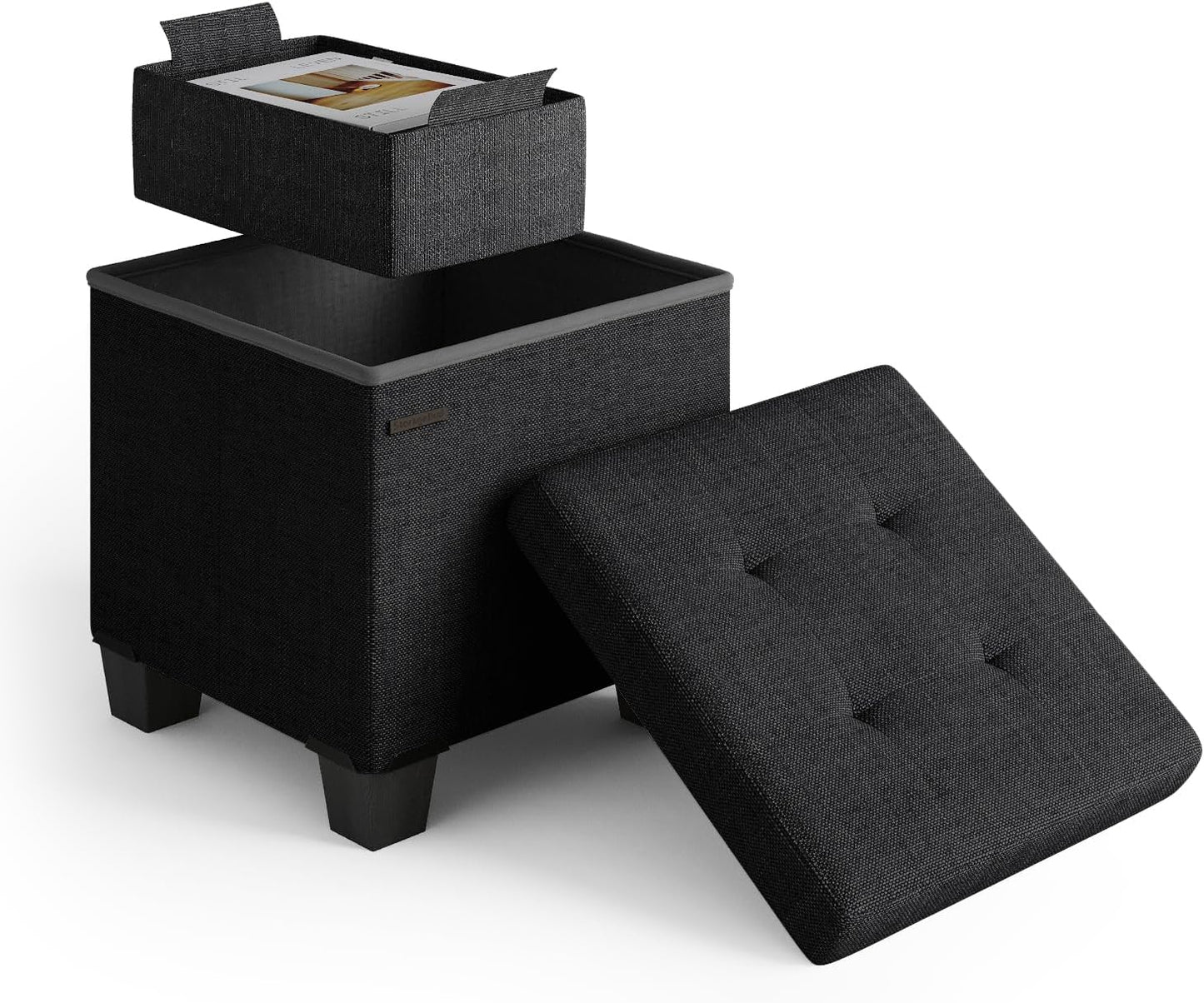 STORAGEBUD 15-in 330lbs, Storage Ottoman Cube with Small Bin, Square Ottoman with Storage for Living Room and Bedroom