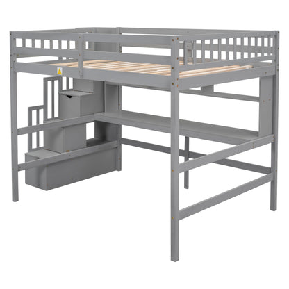 Bellemave Full Size Loft Bed with Desk and Storage Shelves,Wood Loft Bed Frame with Storage Staircase,High Loft Bed Full for Kids,Teens, Adults,Grey
