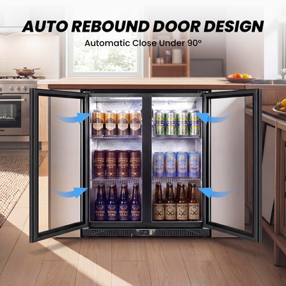 35.42" W Commercial Under Counter Beverage Refrigerator, 2 Glass Door Back Bar Cooler, Built-in/Freestanding 7.4Cuft Drink Fridge with LED Light, Auto Defrost, Low-E Glass & Safety Lock, Rebound door