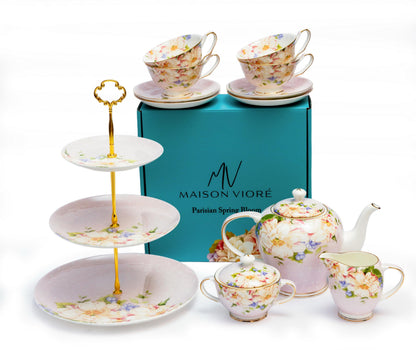 Parisian Spring Bloom Coffee & Tea Set Of 12 Pinkceramic,Floral,European,Elegant,Kitchen,gift box,gold,porcelain,Vintage,Dinnerware set,Plate set,salad plates,dishes,cups set,suger & milk pitcher