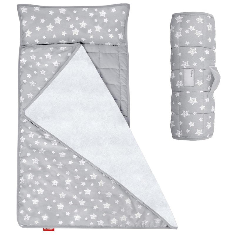 Moonsea Toddler Nap Mat with Pillow and Fleece Minky Blanket Grey, Lightweight and Soft Perfect for Toddlers Preschool, Daycare, Travel Sleeping Bag for Girls, 21" x 50" Fit on a Standard Cot