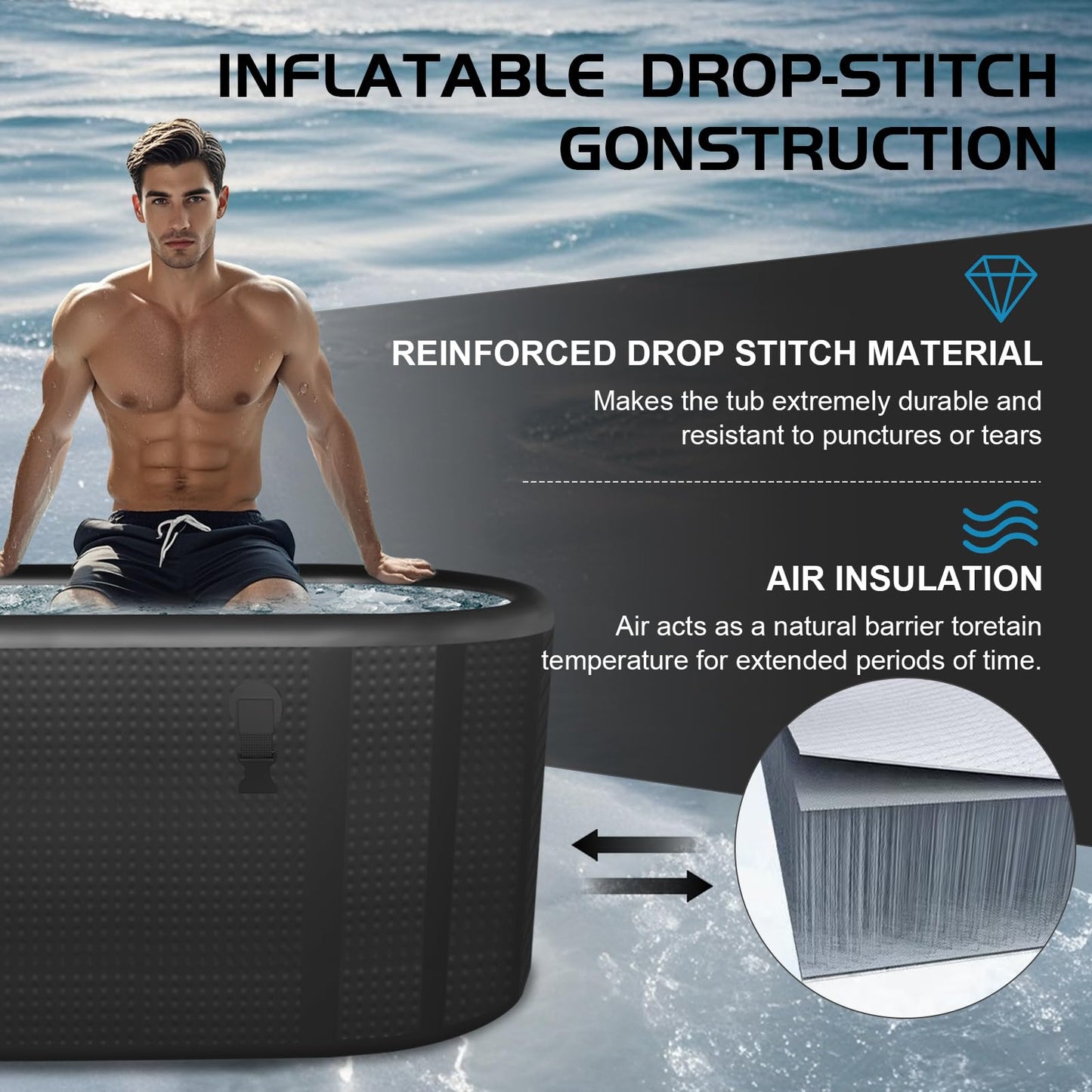 HotMax Drop Stitch Ice Bath Tub for Recovery 195 Gal, Compatible with Water Chillers, Cold Plunge Tub with Insulated Lid, Multi-layer Portable Tub for Cold Water Therapy(59IN*27.5IN*27.5IN)
