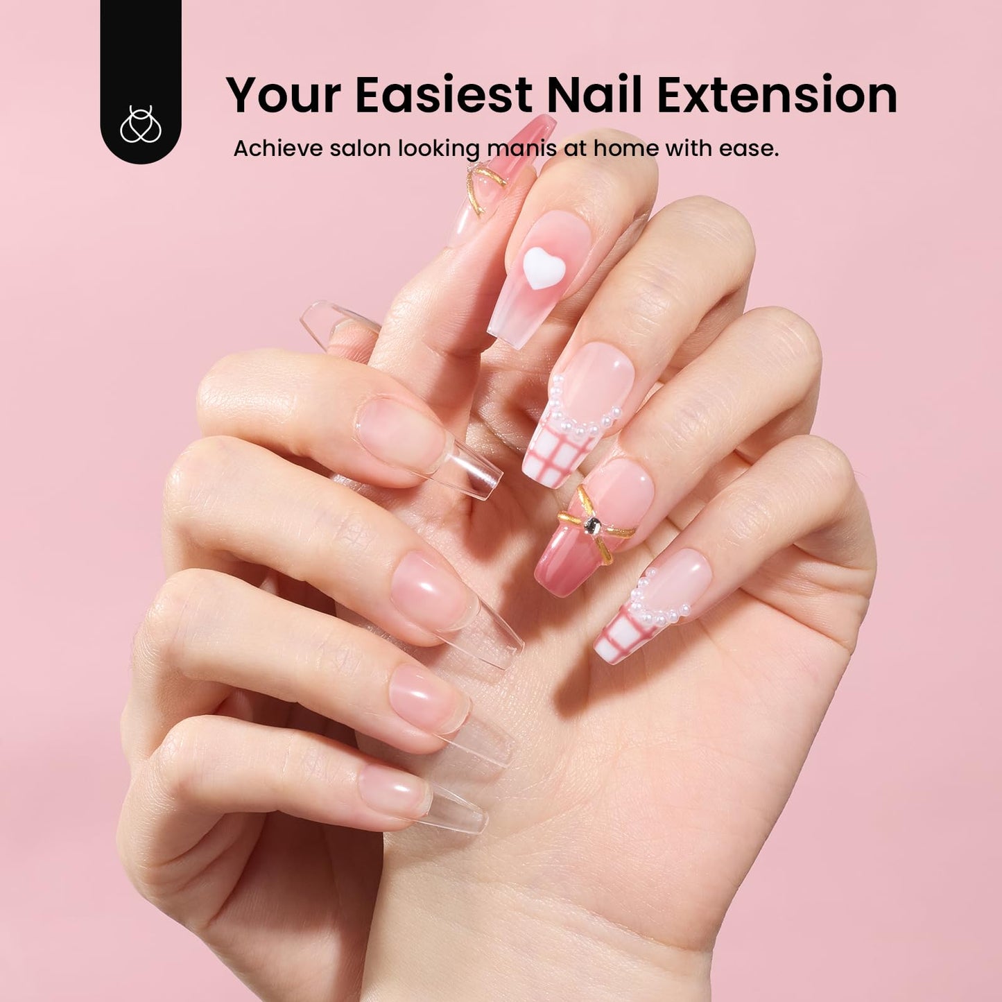 Beetles Gel Nail Kit Short Almond with Nail Dehydrator and Primer, 576Pcs Half Matte Etch-X Gel Nail Tips Solid Nail Glue Mini Nail Lamp Acrylic Nail Tips Easy DIY Nail Extension Set Gift for Women