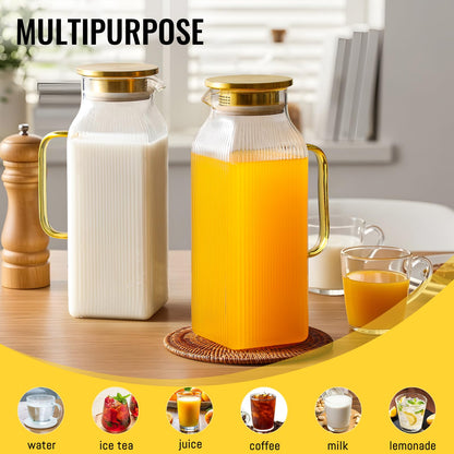 4 Pack 2 Liter/68 oz Square Glass Pitcher with Lid, Classic Stripes Water Pitchers with Handle for Fridge, Large Jug for Iced Tea, Coffee, Borosilicate Glass Carafe for Hot/Cold Brew Drink, Gold