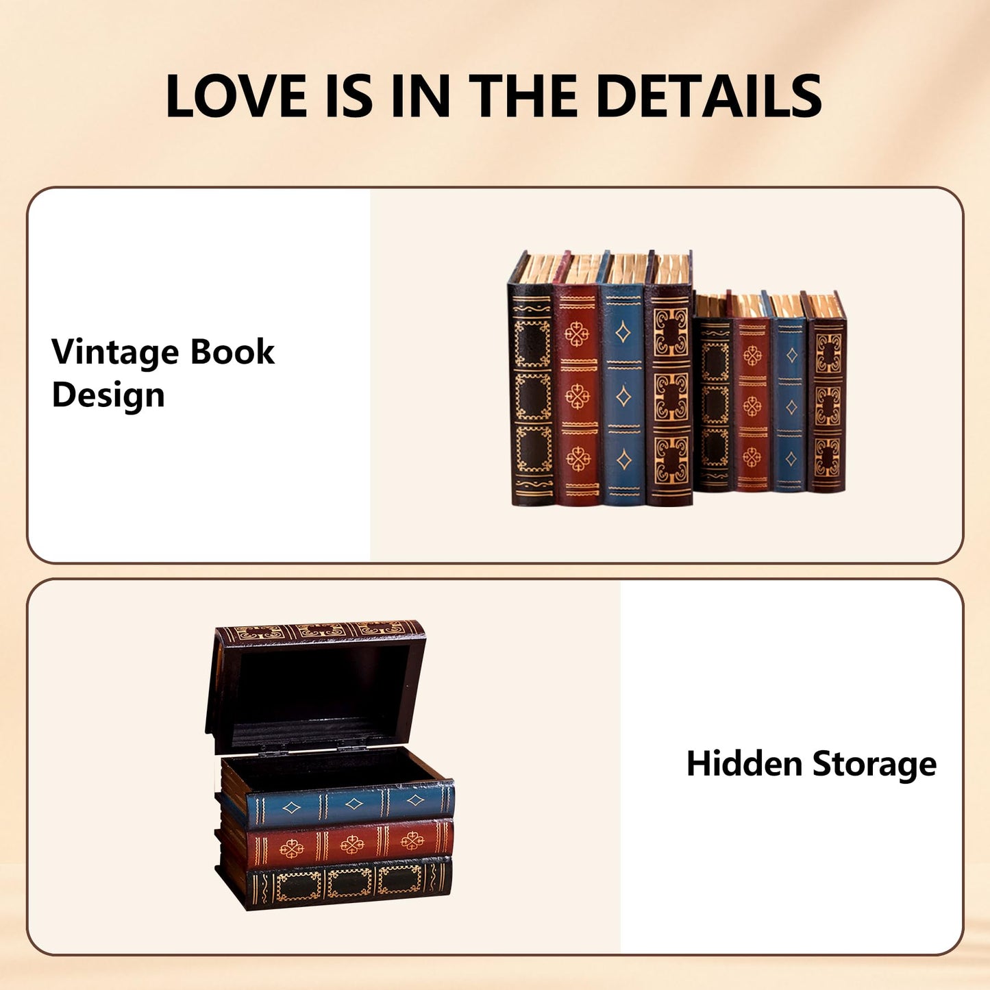 Blanc 2 Pcs Classic Brown Wooden False Book Box Storage Box, 7.87 x 6.3 x 5.51 inches, 1 kg Capacity Each, 2 Count